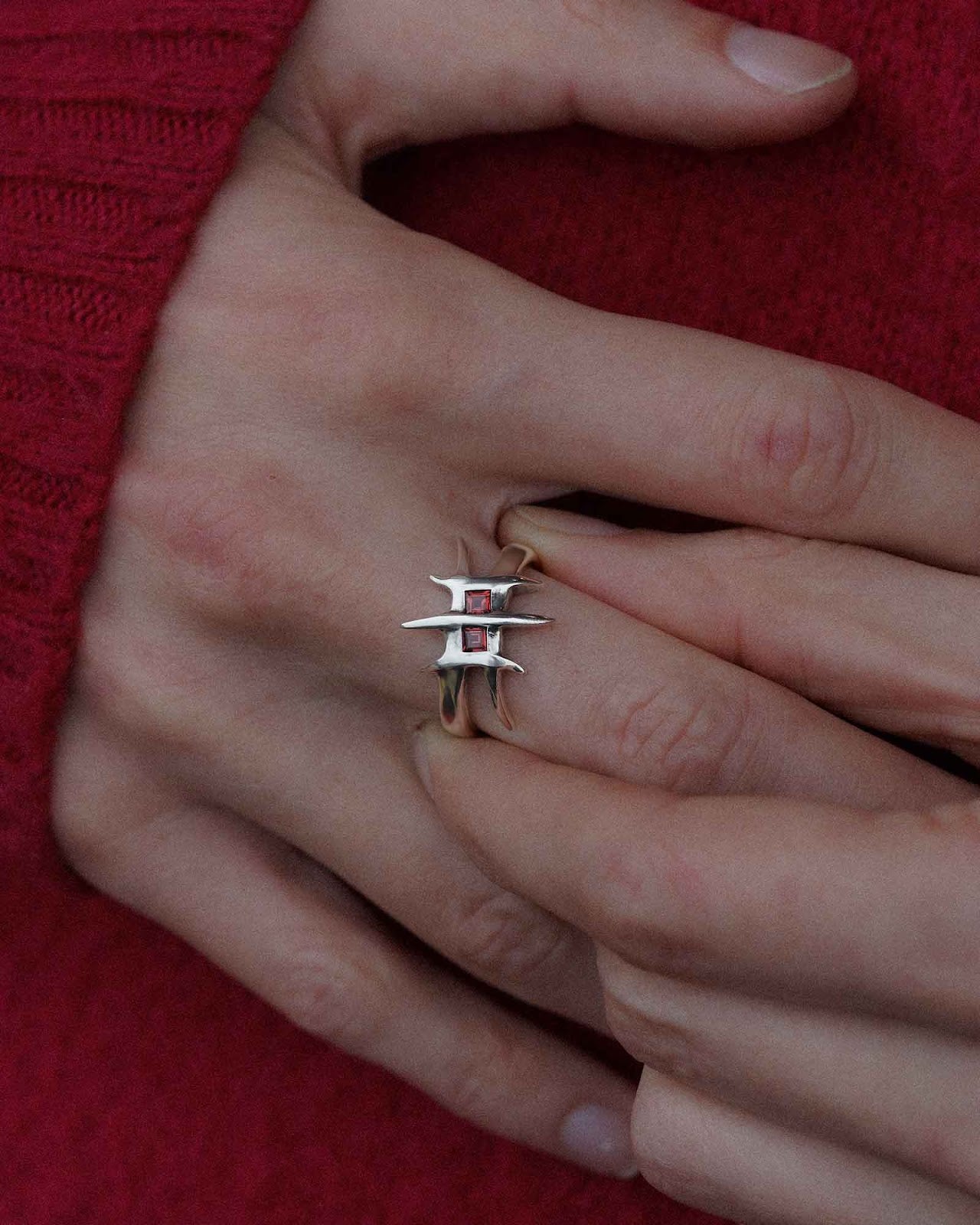 Bone Yards signet ring worn on hand, additional angle