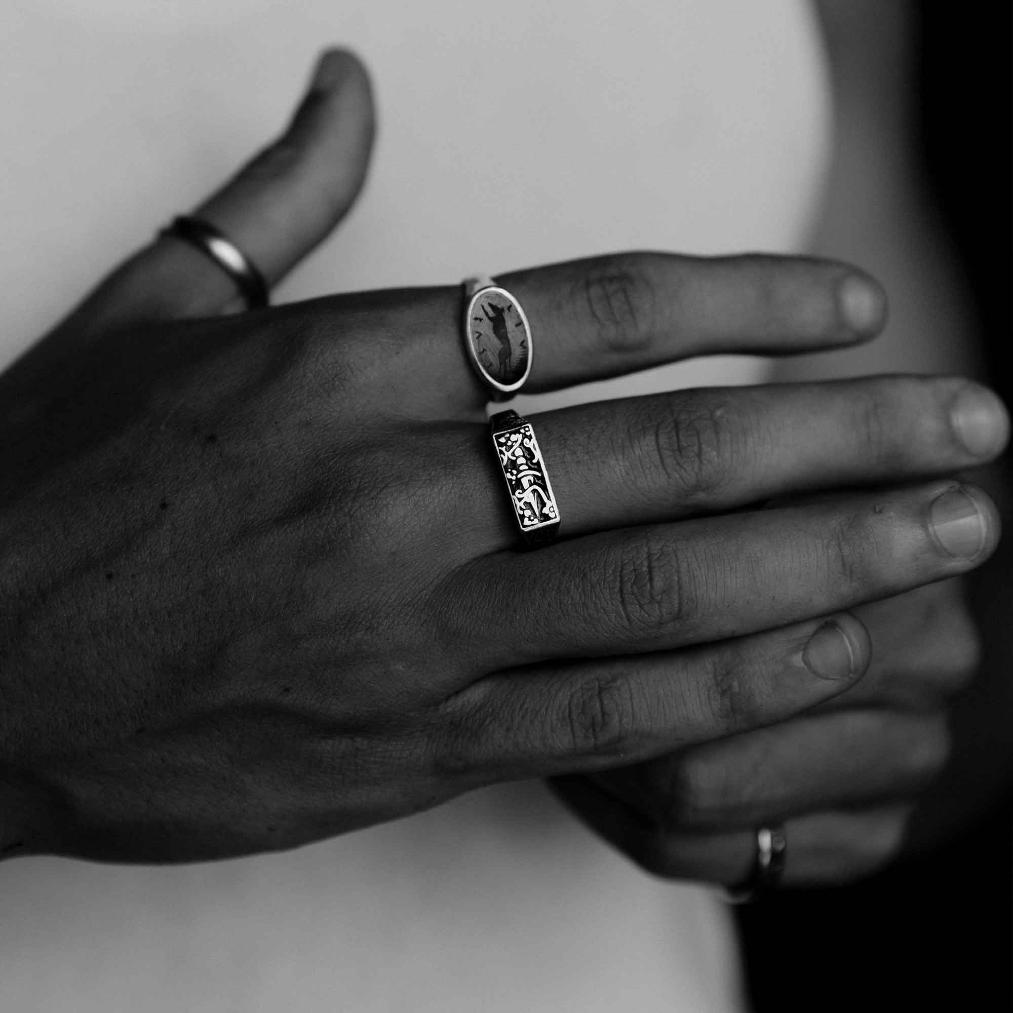 925 Silver Signet Ring With Vine Wrapped Dagger Encased in Black Enamel