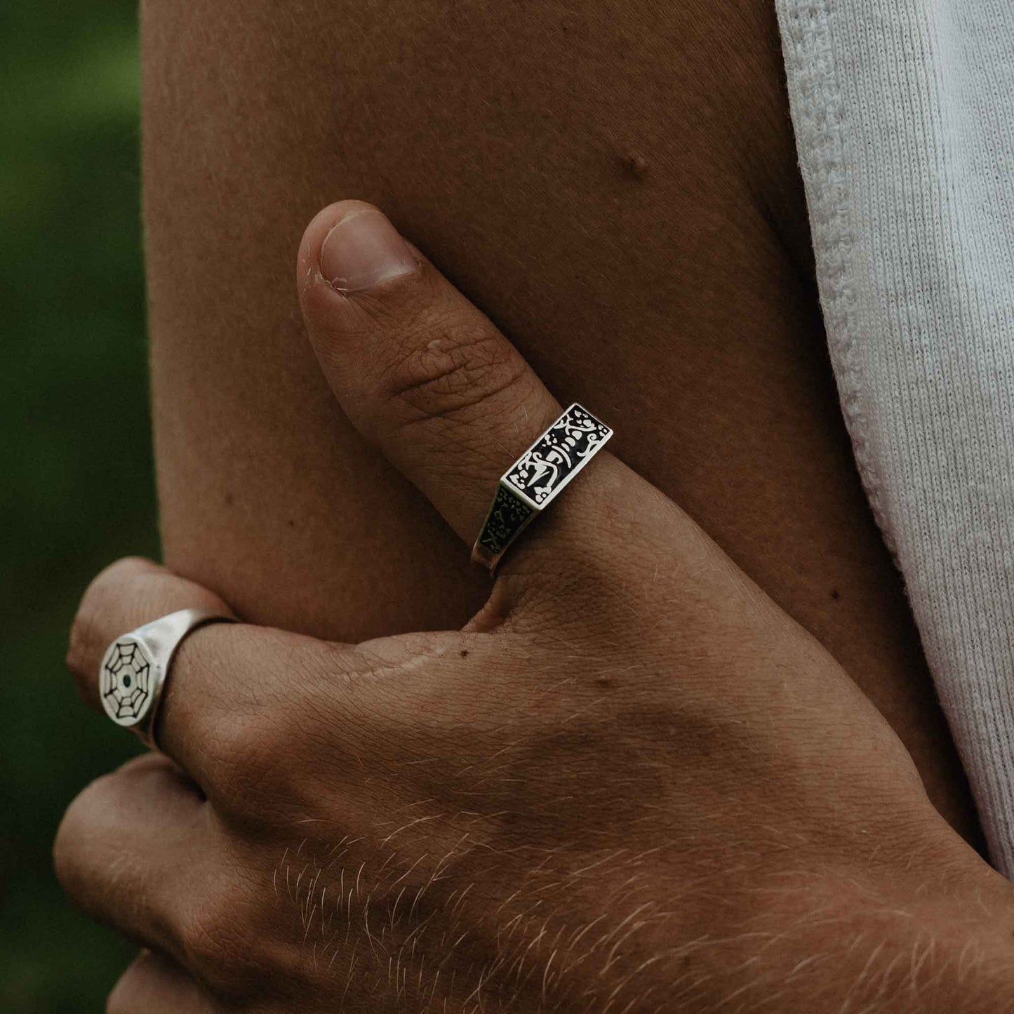 925 Silver Signet Ring With Vine Wrapped Dagger Encased in Black Enamel