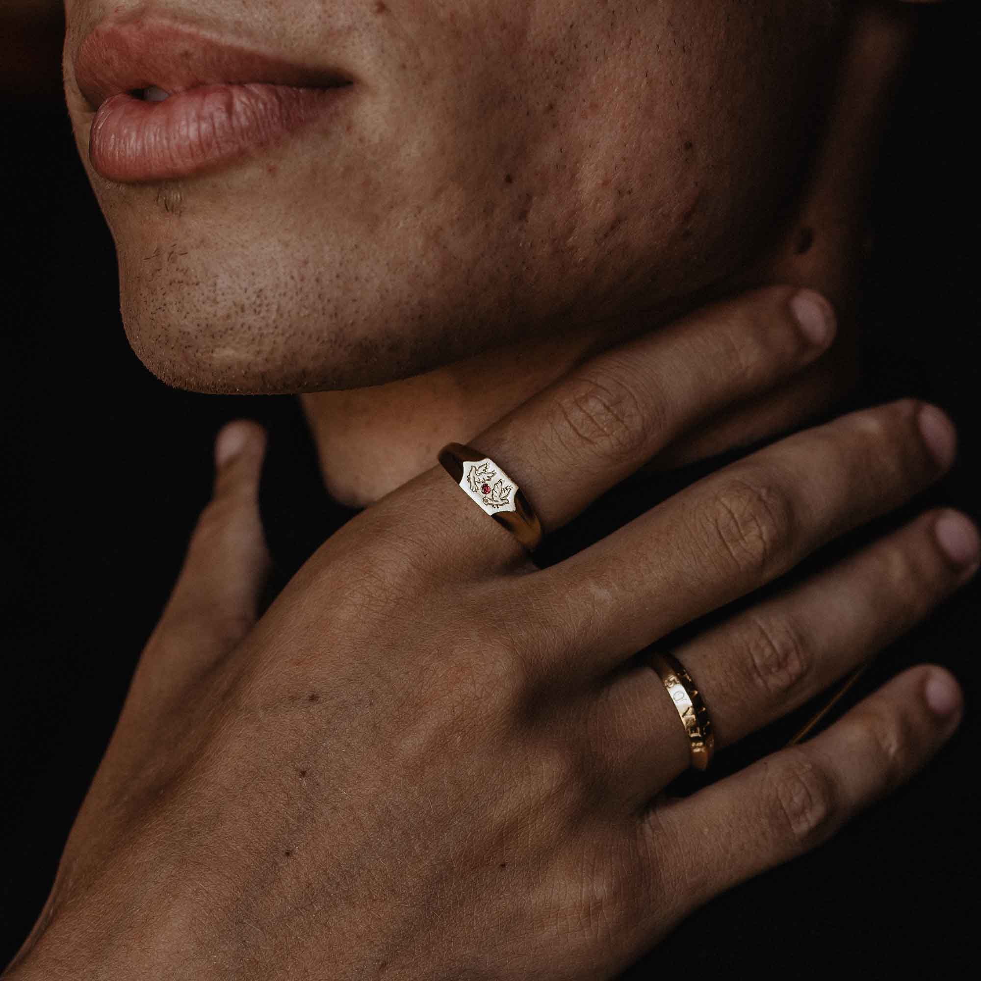 Two birds and a ruby stone on a 9CT gold signet ring