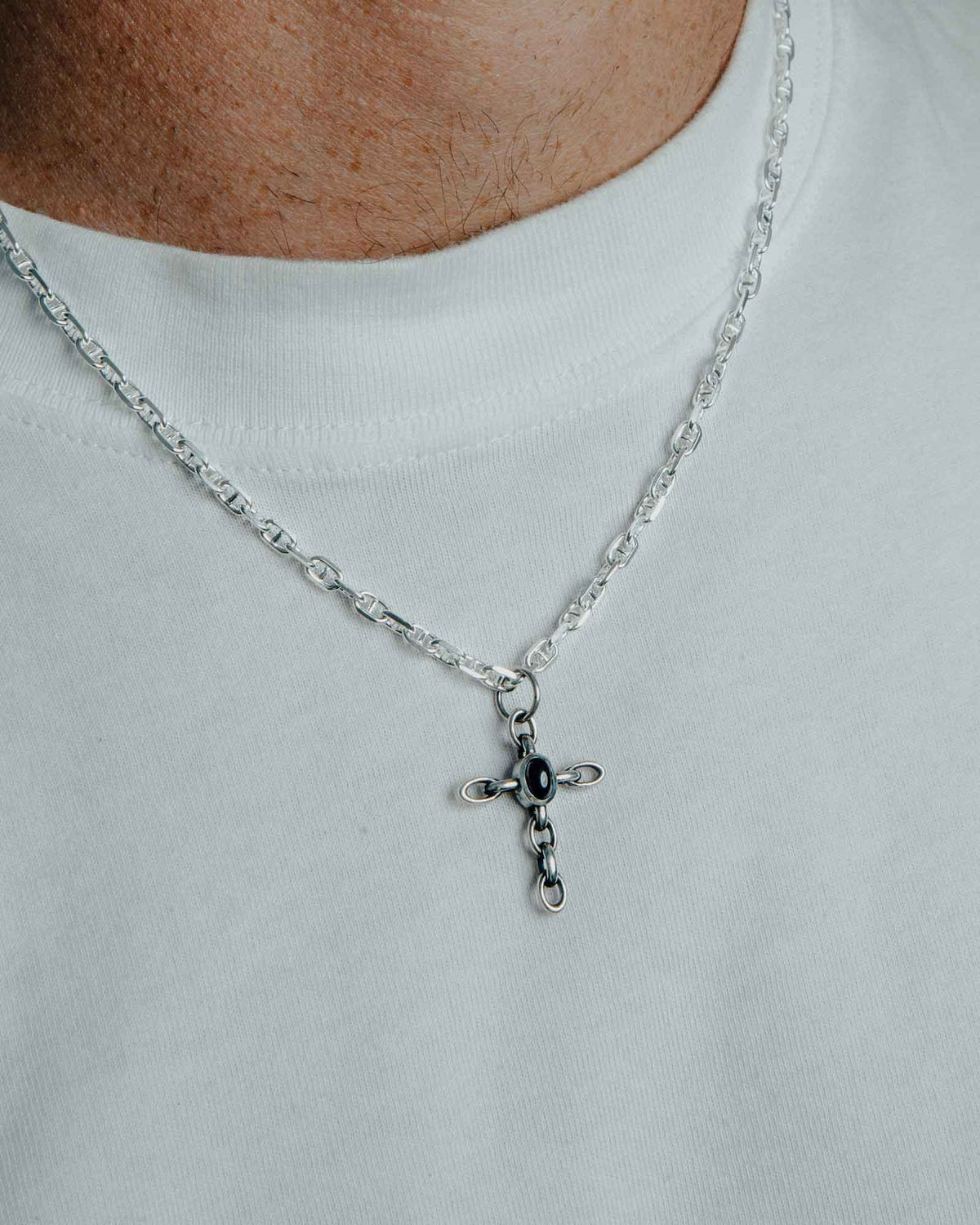 Relic pendant being worn, additional angle