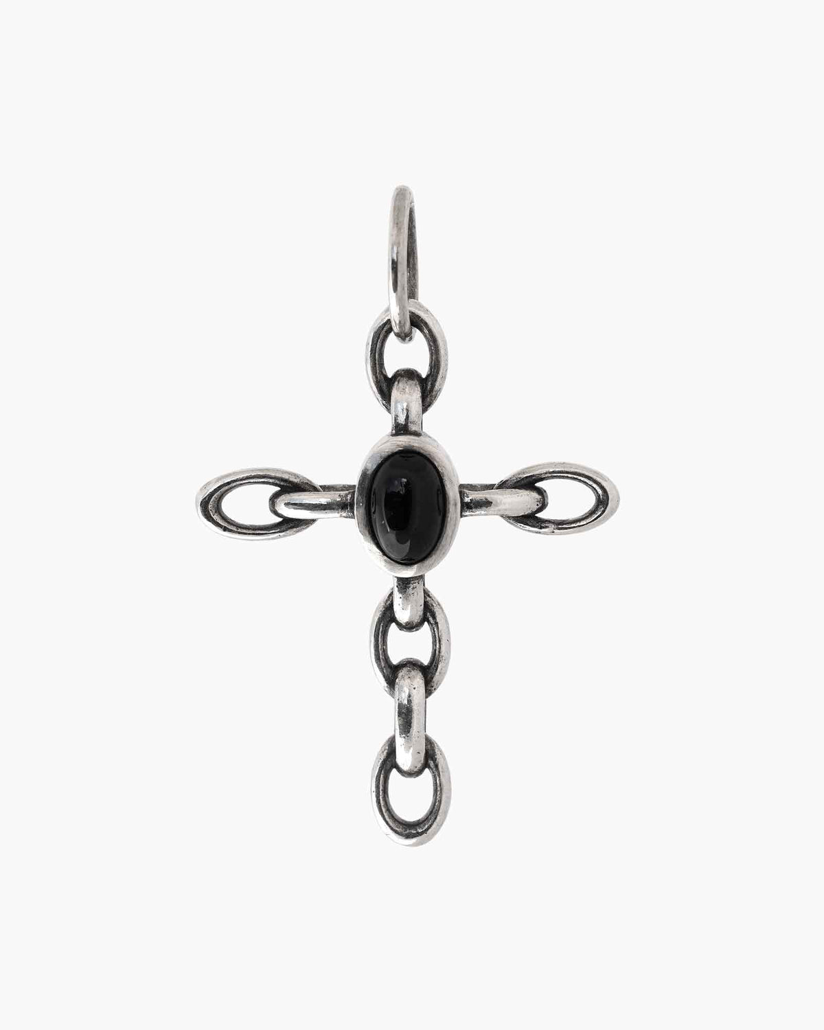 Silver Relic pendant with bezel set onyx cabochon on a white background