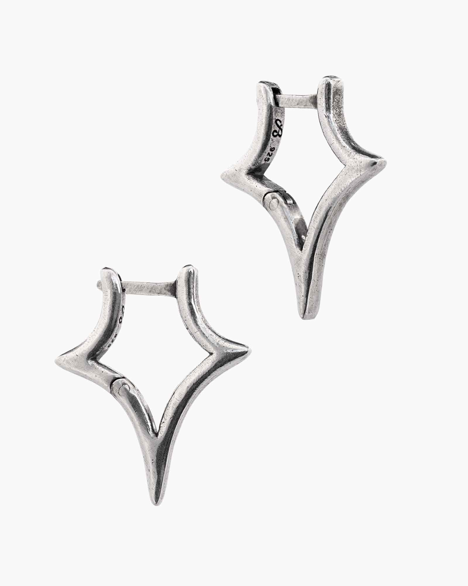 Pair of silver star-shaped earrings on a white background