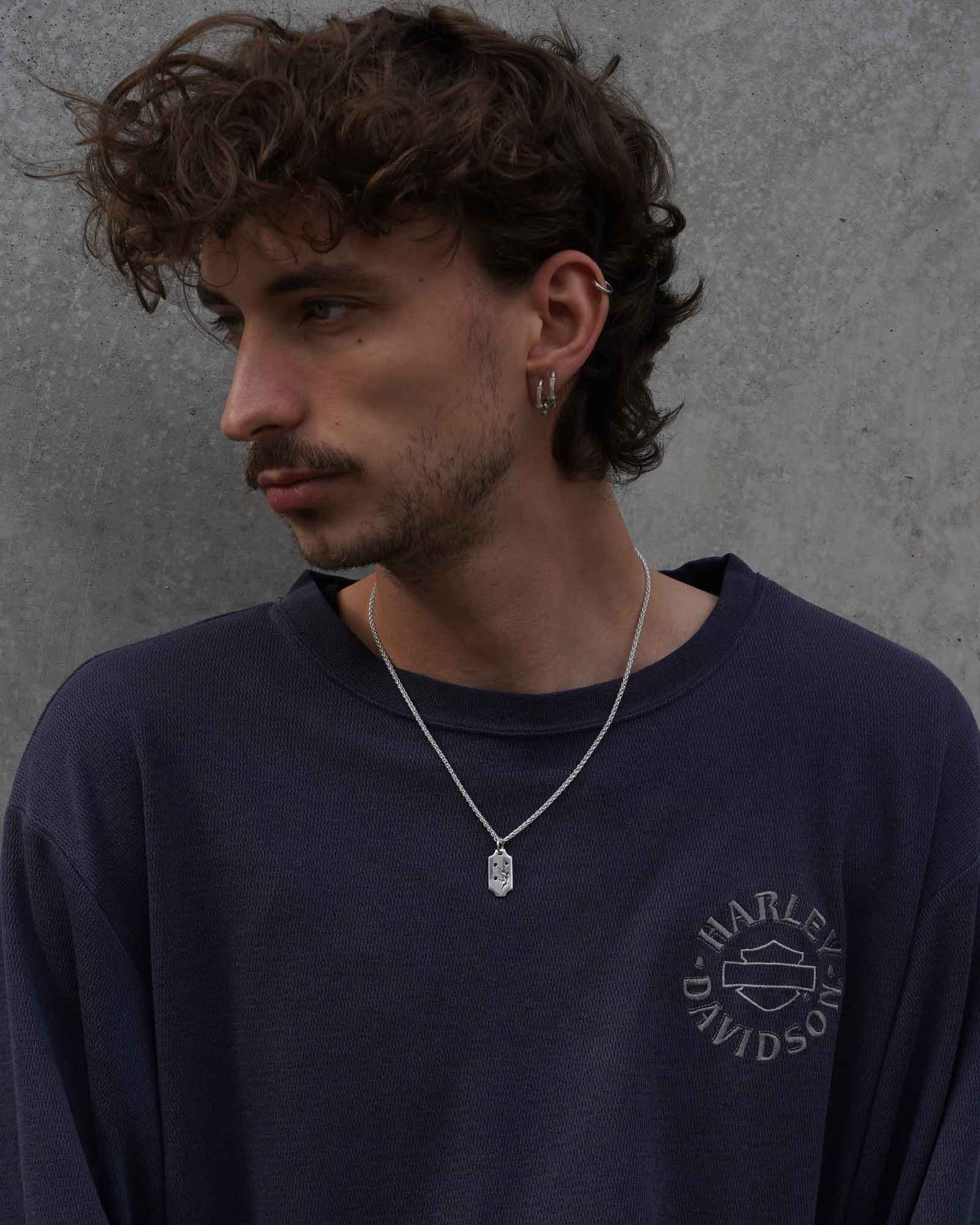 A man with brown hair, wearing a navy blue Harley-Davidson crewneck sweatshirt and a silver chain necklace with a clear rectangular pendant, posed against a textured gray concrete wall.