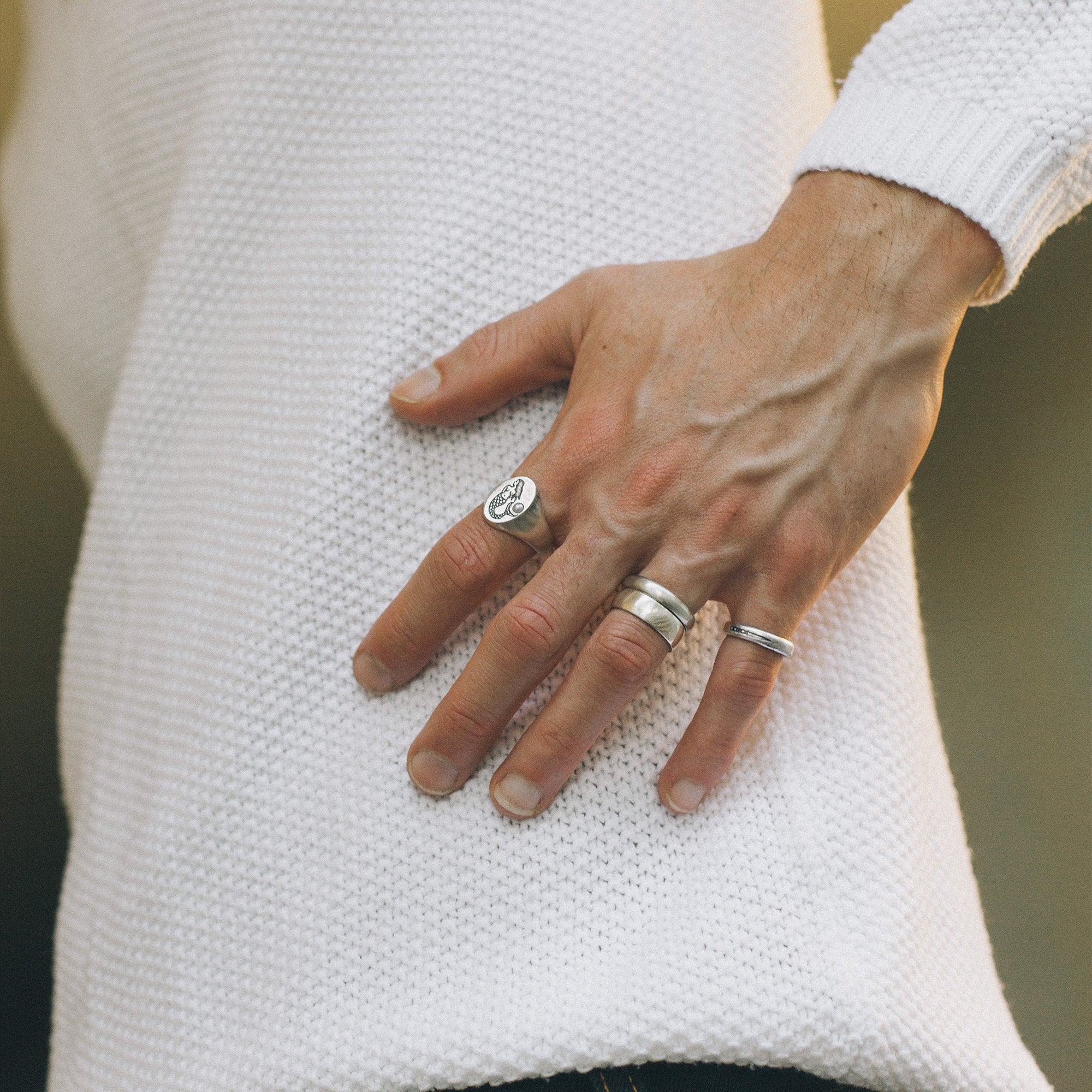 Knife Engraved On 925 Silver Rings On Mens Hand