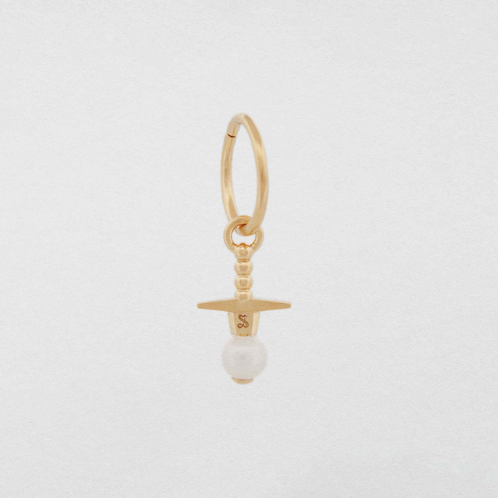9CT gold sword earring though pearl stone