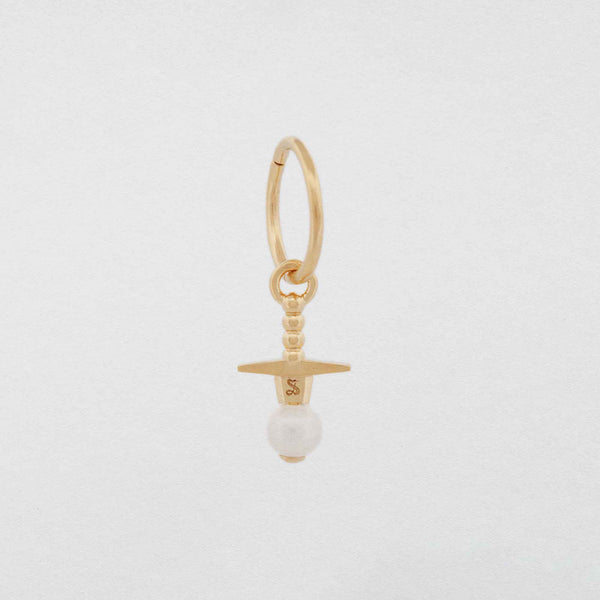 9CT gold sword earring though pearl stone