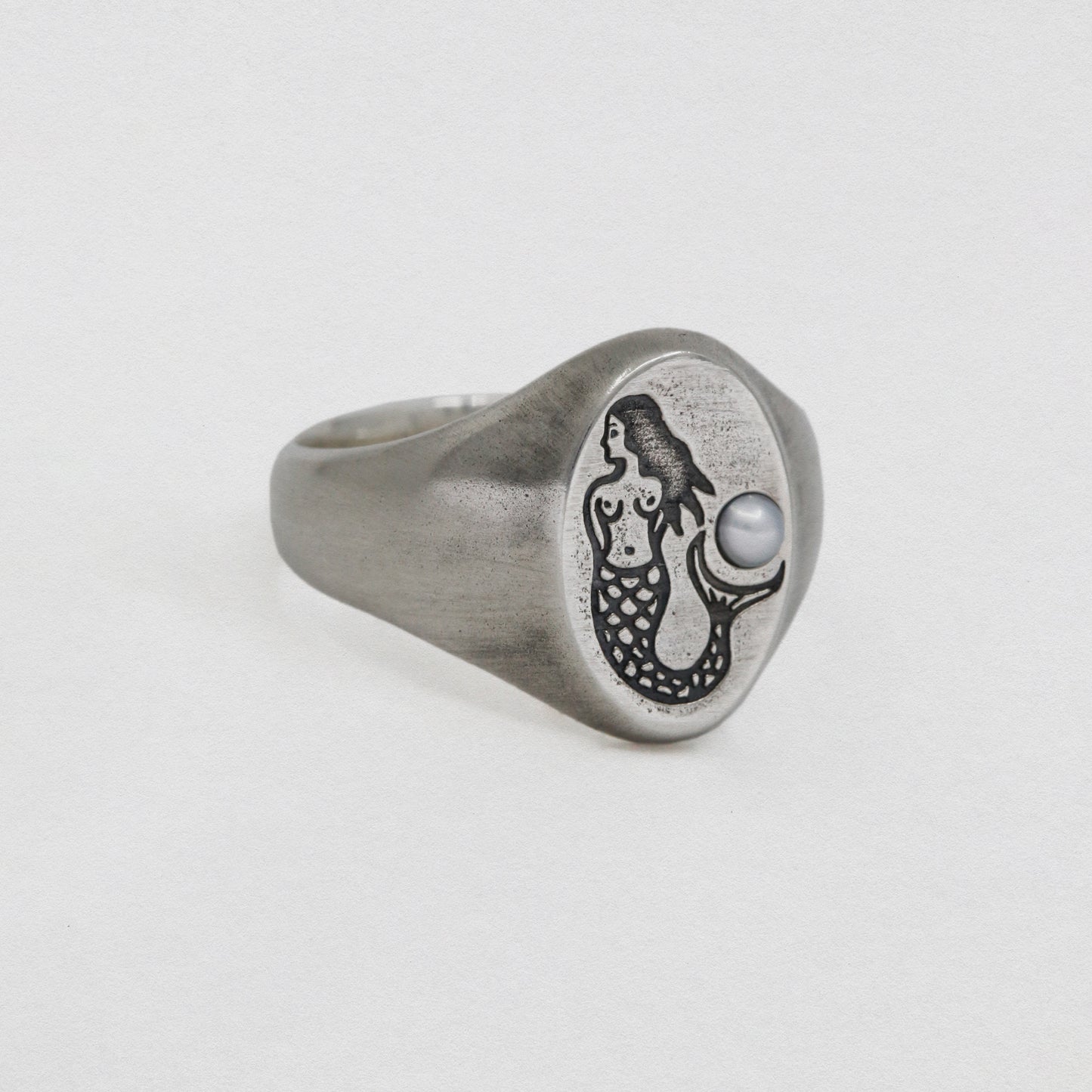 Silver Mermaid Signet Ring with Pearl 