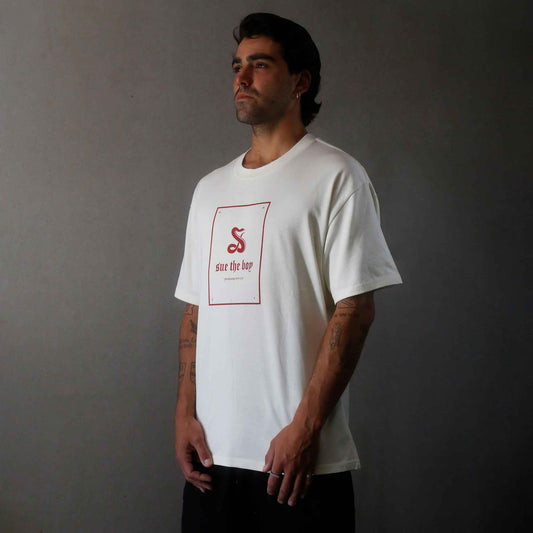 Mens Thick Cream Vintage Tee With Red Playing Card Style Logo 