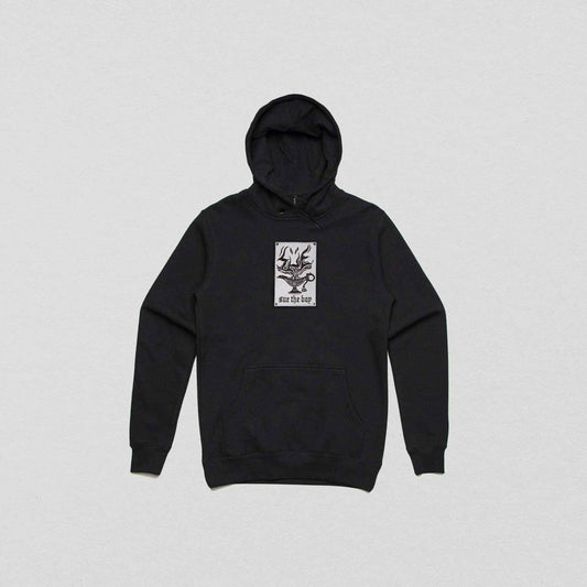 Mens Black Hoodie With White Woven Sue The Boy Patch