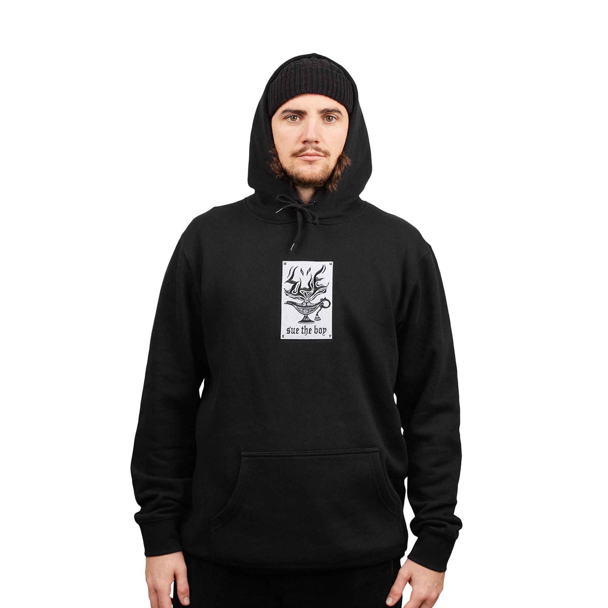 Mens Black Hoodie With White Woven Sue The Boy Patch